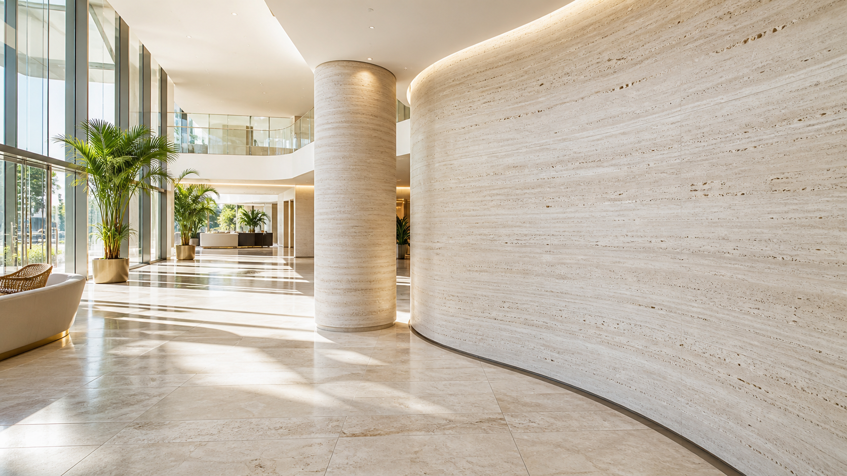 Flexible RINSUN stone veneer wrapping a curved architectural facade in warm daylight